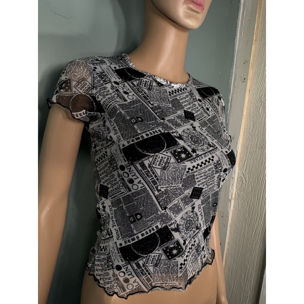 Y2-k Style Black And White With Newspaper Print Baby Doll Shirt Black Ruffle Hem